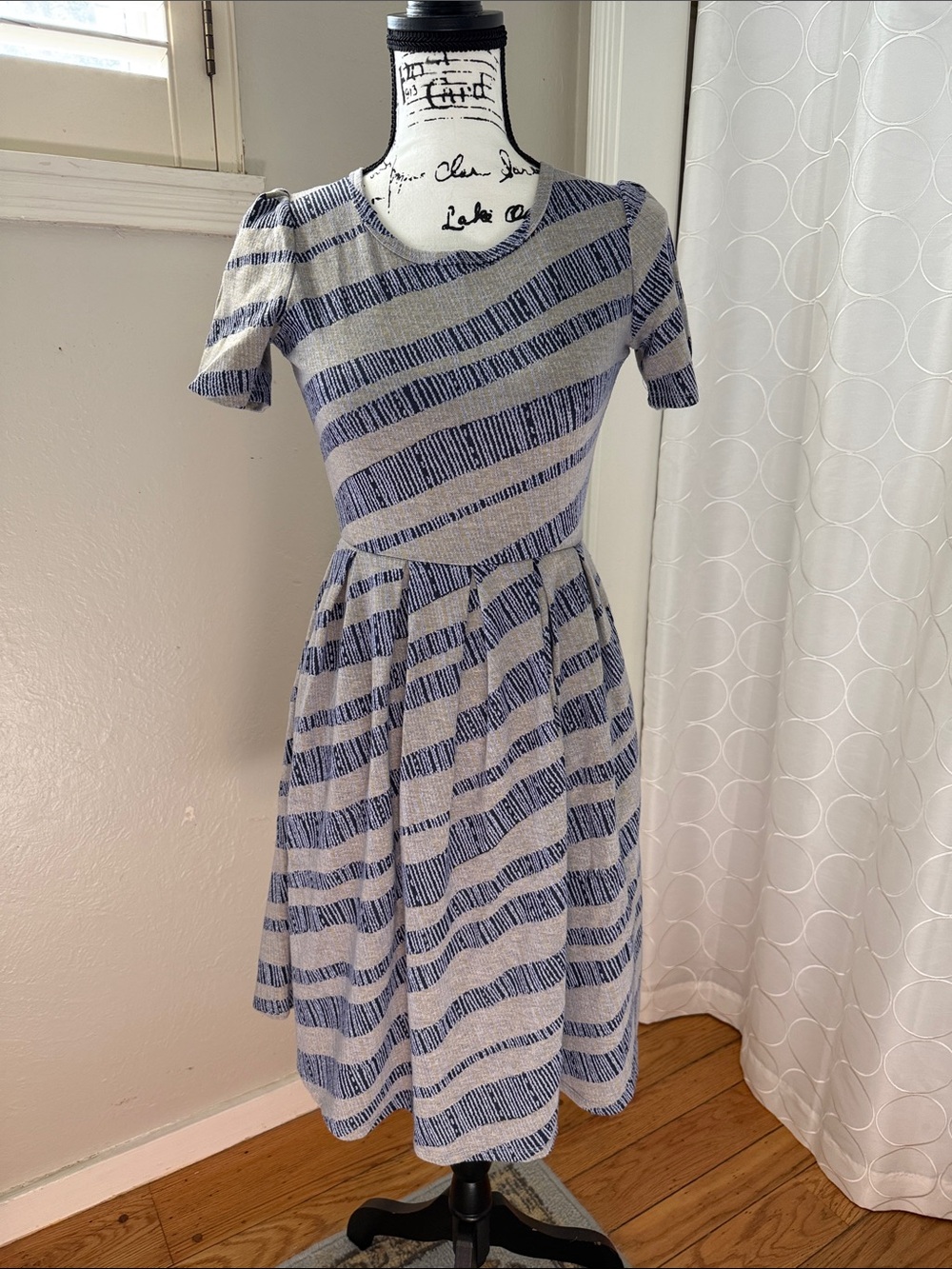 Striped Blue and White Short-Sleeve Fit-and-Flare Dress